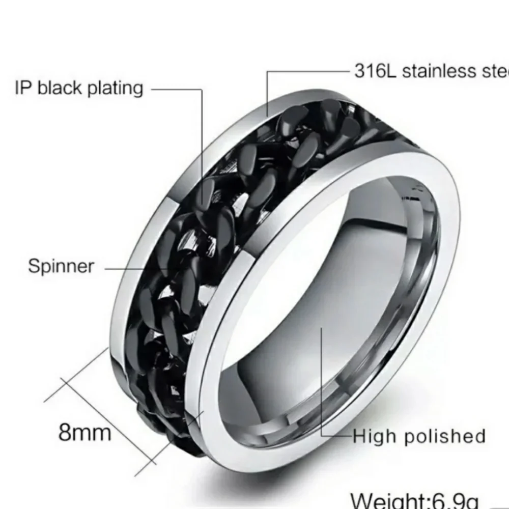 NEW Black and Silver Men's Stainless Steel Spinning Chain Link Ring